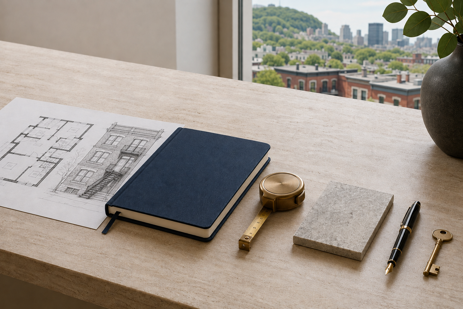 Plans d’un plex montréalais et outils associés aux étapes d’un achat immobilier, avec vue sur le mont Royal.
