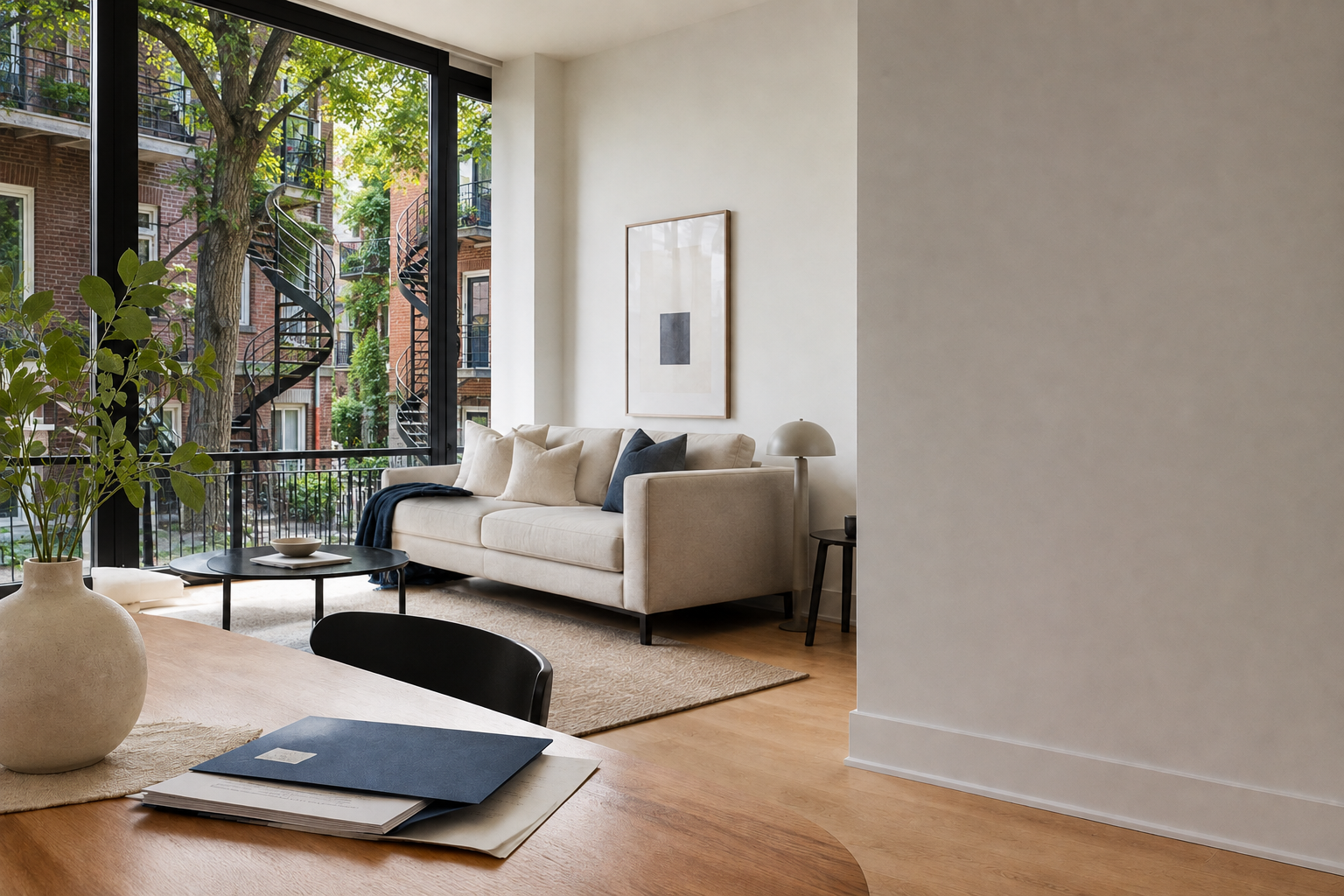 Condo préparé pour la vente devant les plex en brique et escaliers extérieurs de Montréal.