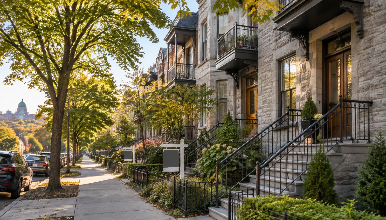 Rue résidentielle montréalaise bordée de plex en pierre à la lumière d’automne