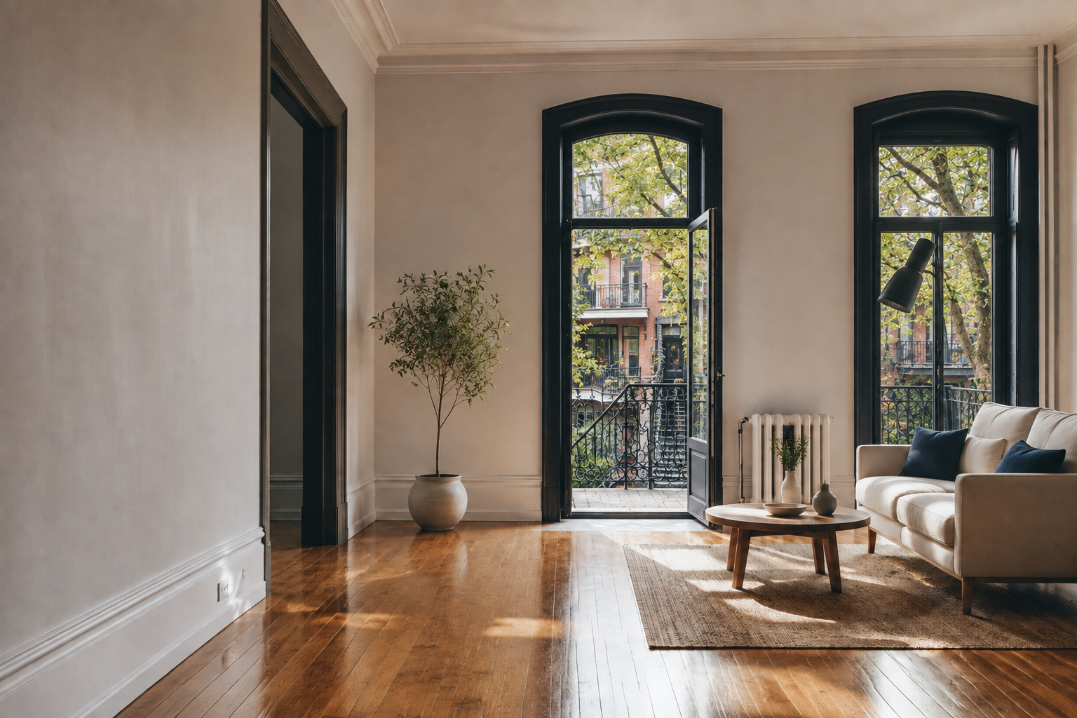 Intérieur d’un appartement montréalais donnant sur les plex et balcons du Plateau-Mont-Royal.
